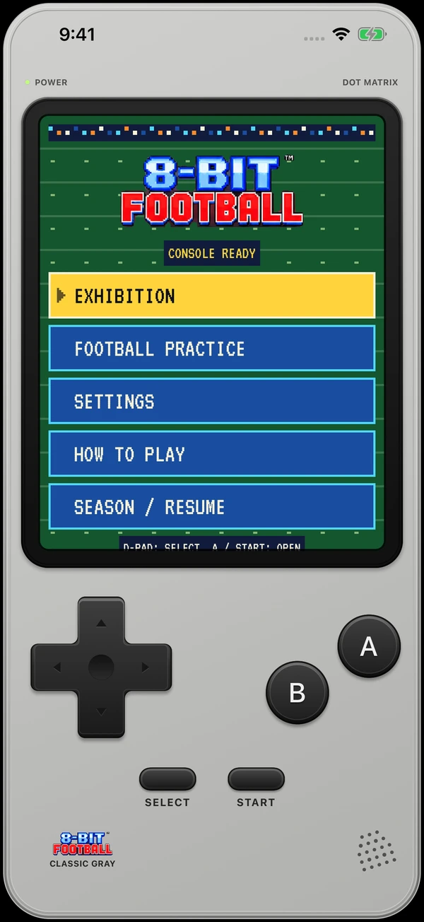 The 8-Bit Football title screen in the Classic Gray handheld console, showing Exhibition, Football Practice, Settings, How to Play, and Season / Resume.