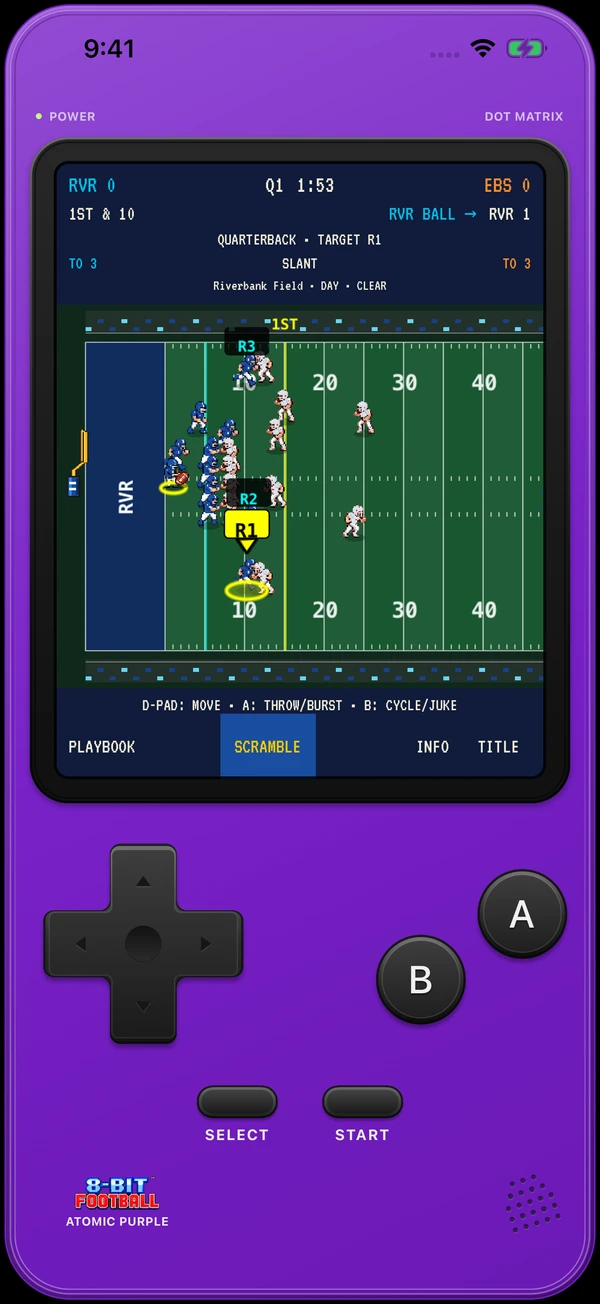 A passing play with selectable receivers on Riverbank Field, framed by the Atomic Purple handheld console.