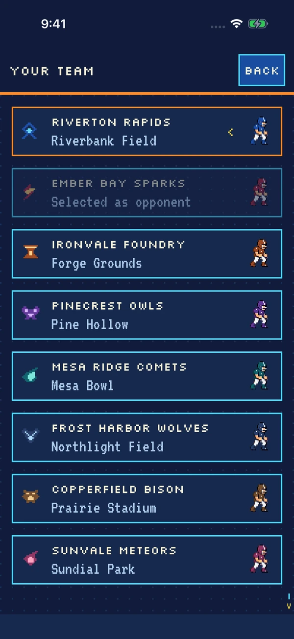 The team selection screen listing the eight original football clubs and their home fields.