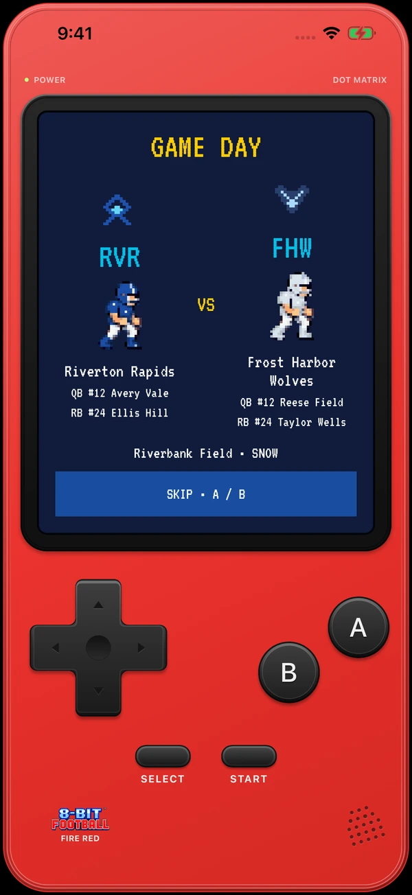 A Game Day presentation for the Riverton Rapids and Frost Harbor Wolves, framed by the Fire Red handheld console.
