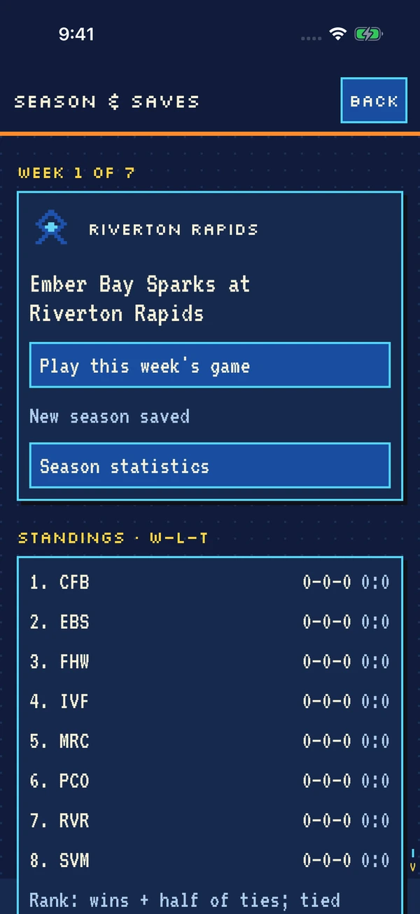 The Season & Saves screen showing a weekly fixture, season statistics, and league standings.