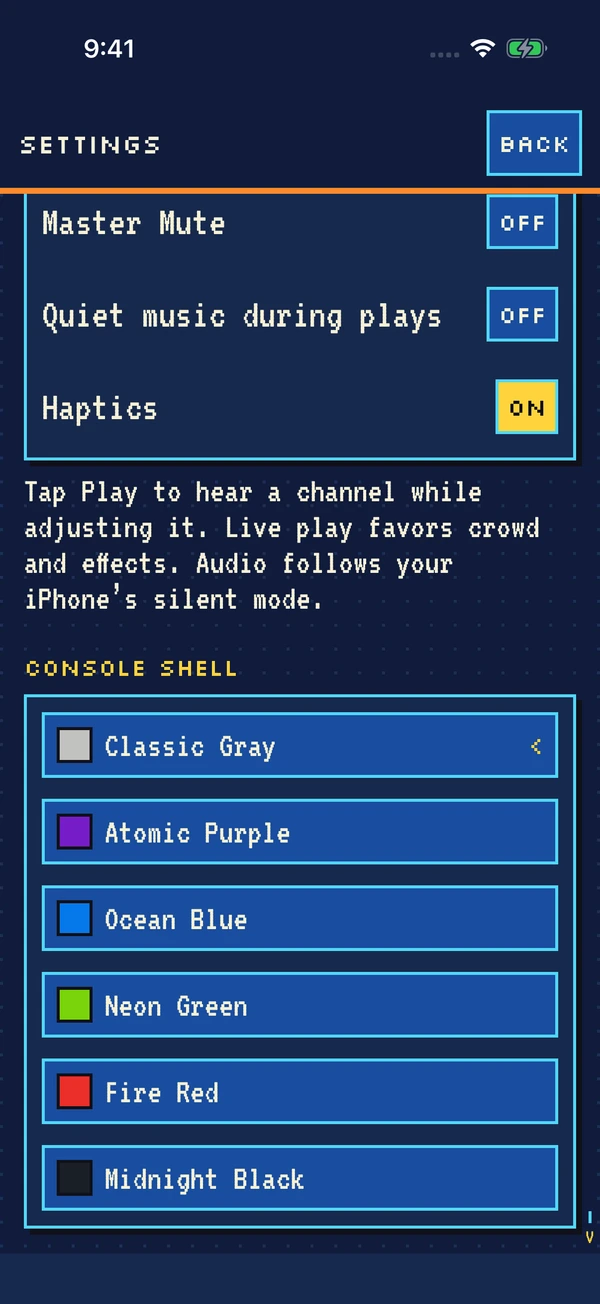 Settings for audio, haptics, and six console shell colors, including Classic Gray and Atomic Purple.
